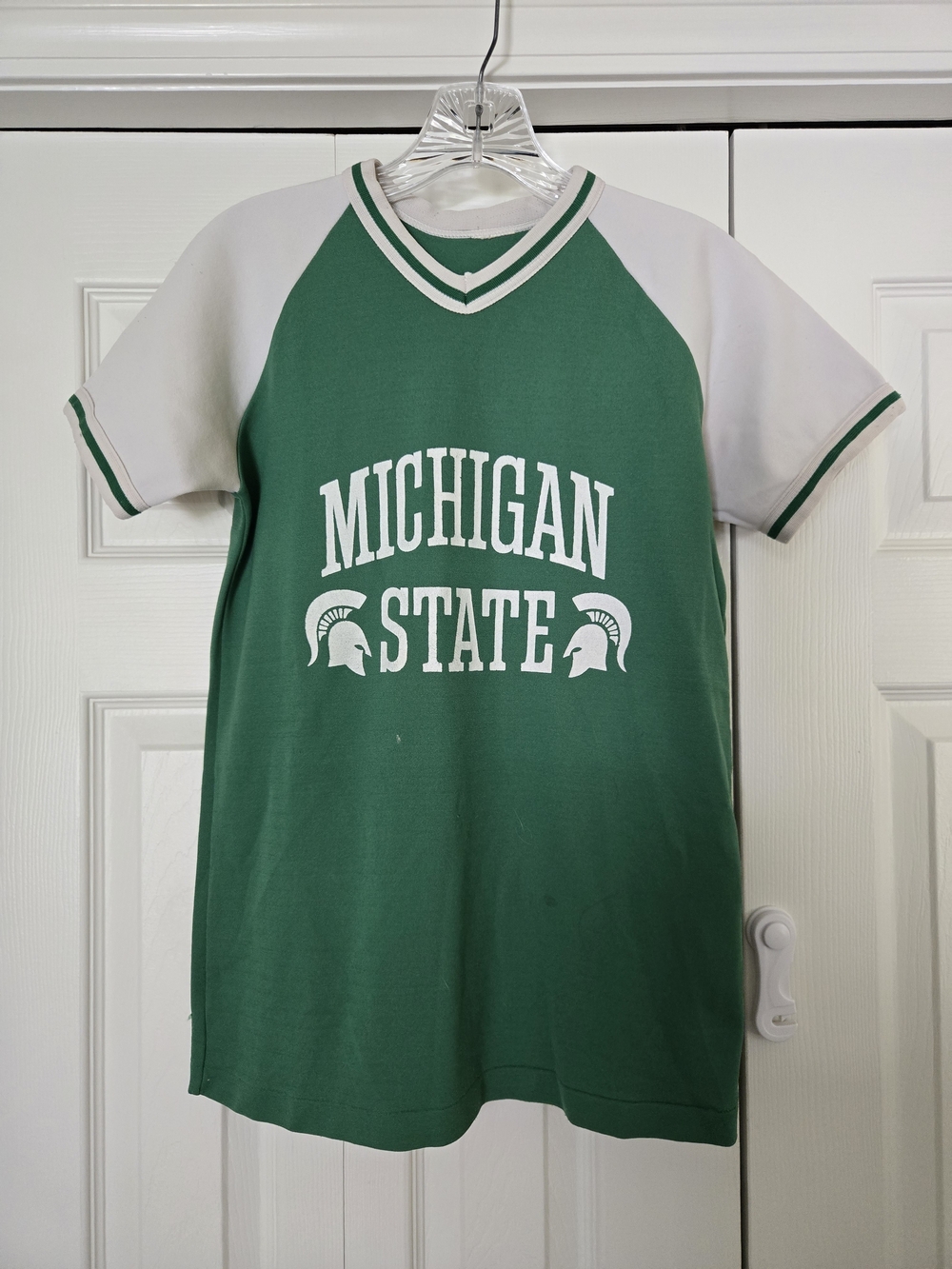 Vintage Michigan State Green & White Raglan V-Neck Tee